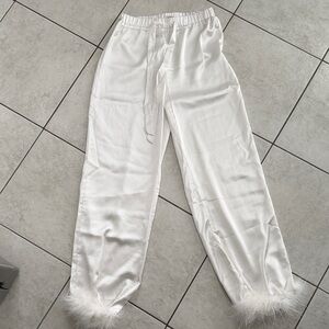 Lulu's White Satin Pajama Pants with Feather Trim